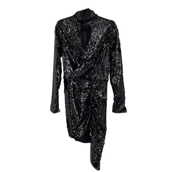 NWT PINKO Black Long Sleeve Stretch Asymmetric Hem Mini Sequin Dress Sz 12/EU 44 - Picture 2 of 16